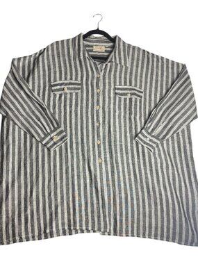 Paper Lace Oversized Pure Linen Button Front Stripes Grey Lagen Look Blouse Top